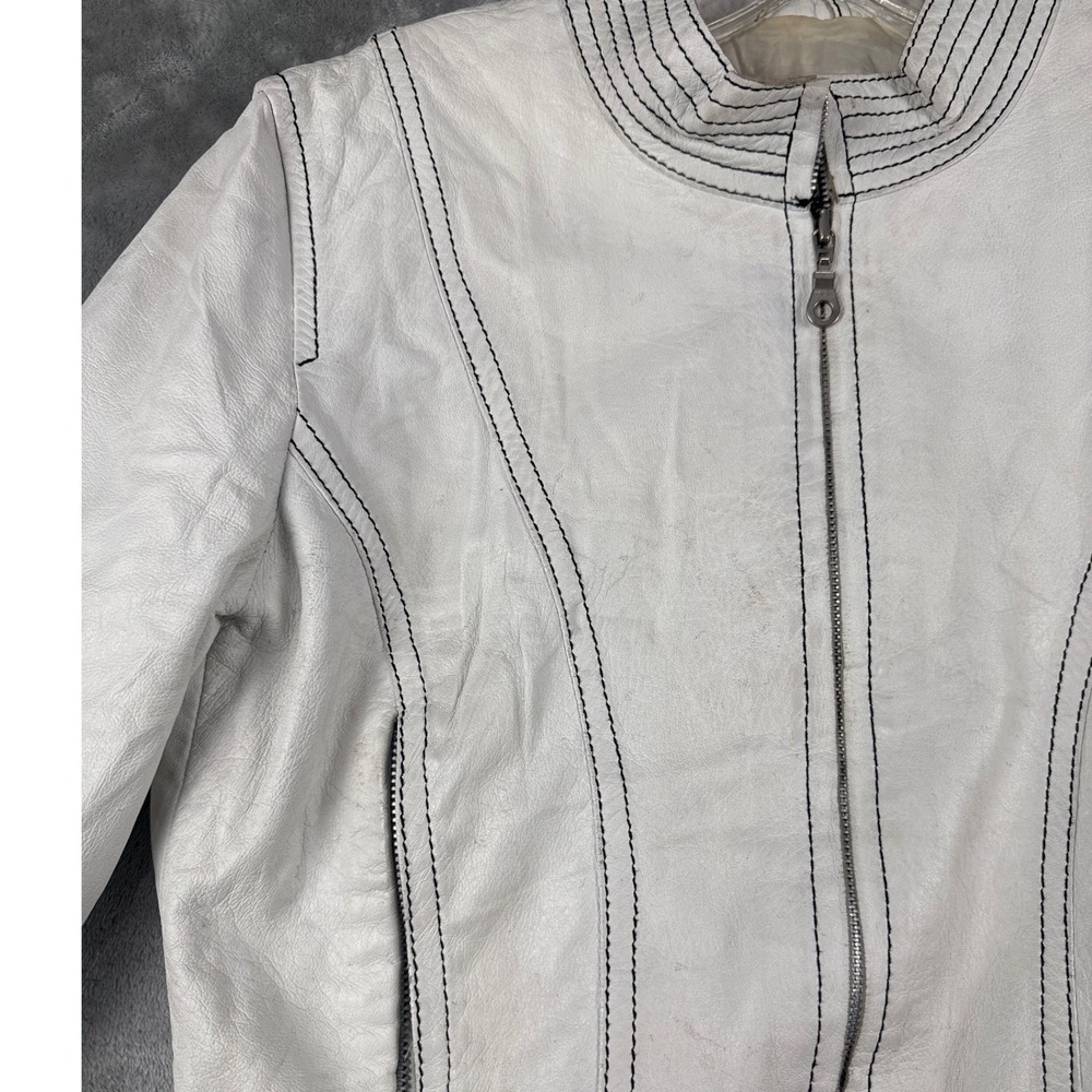 Mirti Italian Leather Jacket White Black Contrast Stitch Moto Firenze Italy 44 - Picture 2 of 8